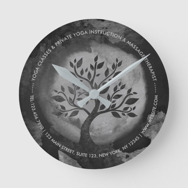 Yoga Meditation-instruktör Black & White Träd Logo Rund Klocka (Framsida)