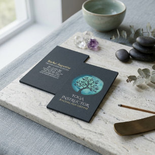 Yoga Meditation Instruktör Elegant Svart Teal Träd Visitkort
