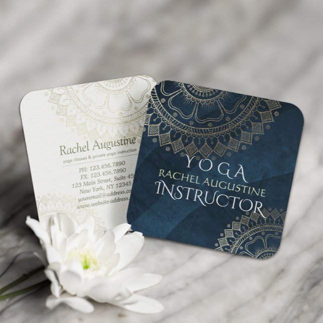 Yoga Meditation-instruktör Guld Mandala-marinblått Fyrkantigt Visitkort (Skapare uppladdad)
