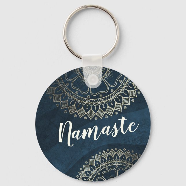 Yoga Meditation-instruktör Guld Mandala-marinblått Nyckelring (Framsida)