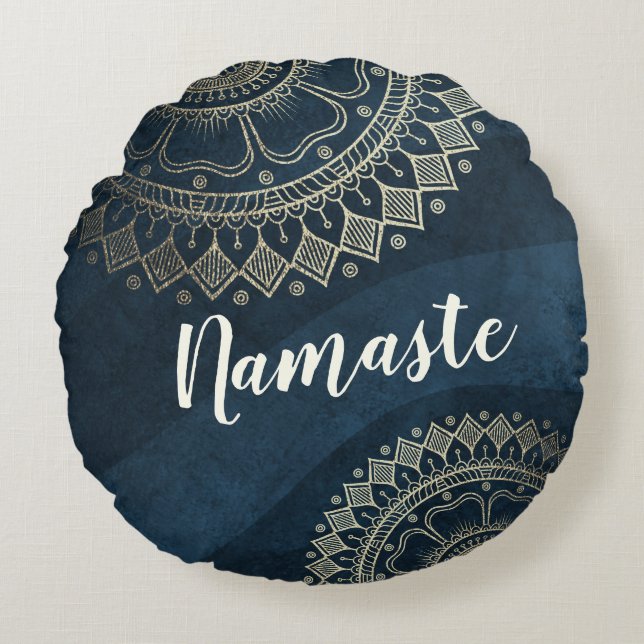 Yoga Meditation-instruktör Guld Mandala-marinblått Rund Kudde (Framsidan)