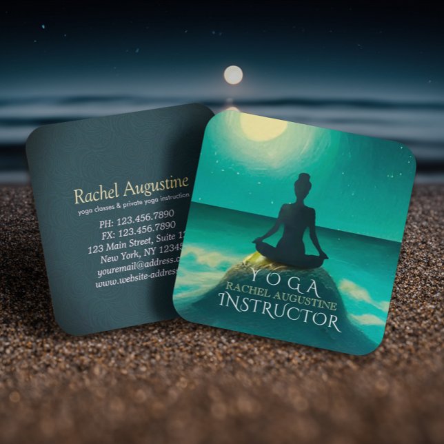 Yoga Meditation Pose på Sten Full Moon Stars Natt Fyrkantigt Visitkort (Skapare uppladdad)
