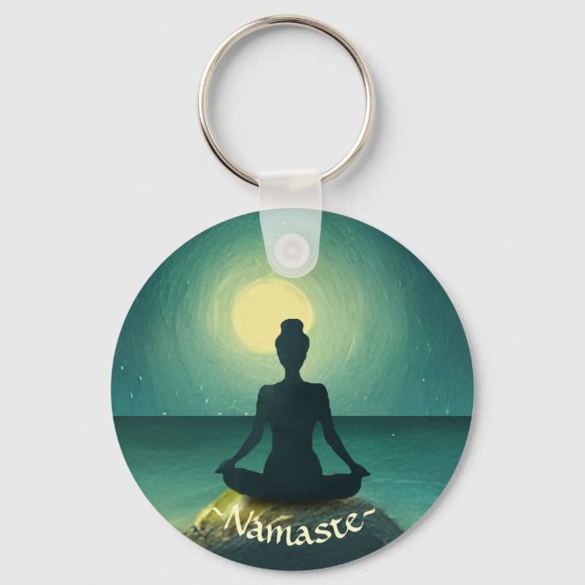 Yoga Meditation Pose på Sten Full Moon Stars Natt Nyckelring (Framsida)