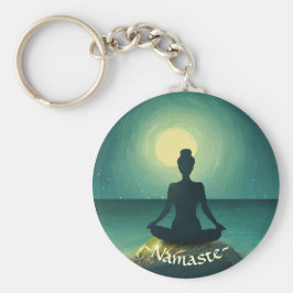 Yoga Meditation Pose på Sten Full Moon Stars Natt Nyckelring