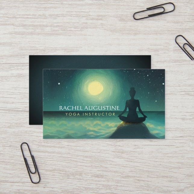 Yoga Meditation Pose på Sten Full Moon Stars Natt Visitkort (Fram/Back In Situ)