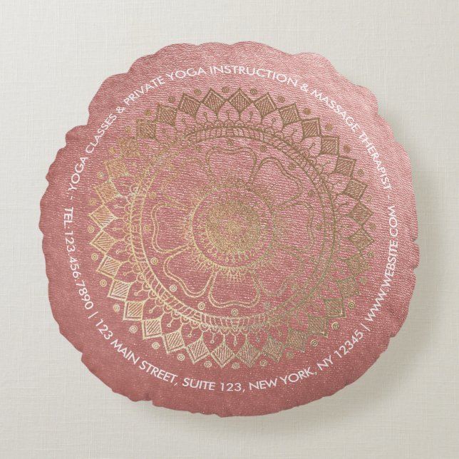 Yoga Meditation Rosa Gold Foil Mandala Rund Kudde (Framsidan)