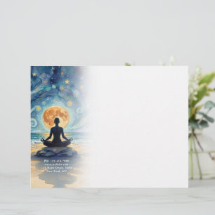 Yoga Meditation Stjärnklar Natt Himmel Måne Ocean Brevhuvud