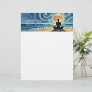 Yoga Meditation Stjärnklar Natt Himmel Måne Ocean Brevhuvud