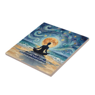 Yoga Meditation Stjärnklar Natt Himmel Måne Ocean Kakelplatta
