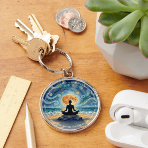 Yoga Meditation Stjärnklar Natt Himmel Måne Ocean Rund Silverfärgad Nyckelring