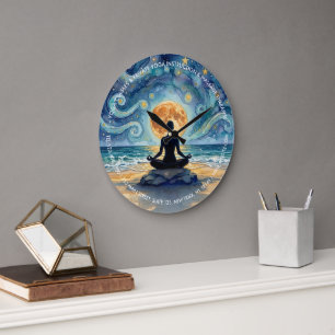 Yoga Meditation Stjärnklar Natt Himmel Måne Ocean Stor Klocka