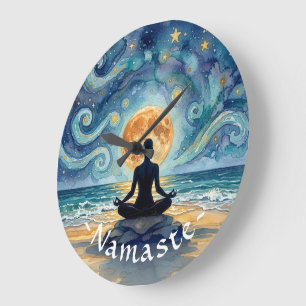 Yoga Meditation Stjärnklar Natt Himmel Måne Ocean Stor Klocka