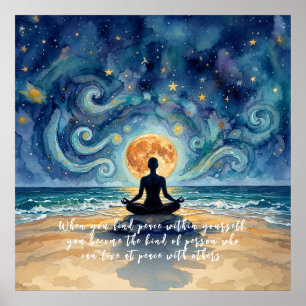 Yoga Meditation Stjärnklar Natthimmel Måne Ocean C Poster