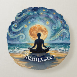 Yoga Meditation Stjärnklar Natthimmel Måne Ocean S Rund Kudde