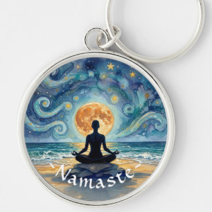 Yoga Meditation Stjärnklar Natthimmel Måne Ocean S Rund Silverfärgad Nyckelring