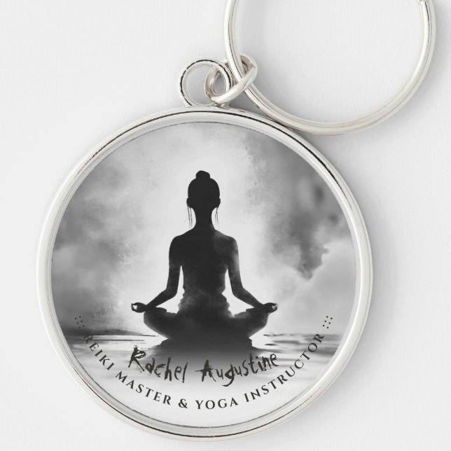 Yoga-meditationsinstruktör Lotus-pose bläckmåleri Rund Silverfärgad Nyckelring (Framsidan)