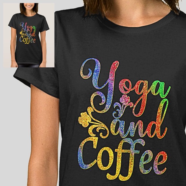 Yoga och kaffe Pastel Rainbow på Black T Shirt (Skapare uppladdad)
