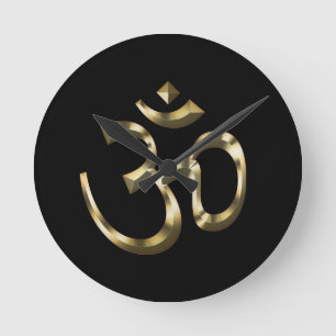 Yoga, Om Aum-ikon, hinduistisk symbol, guld black Rund Klocka