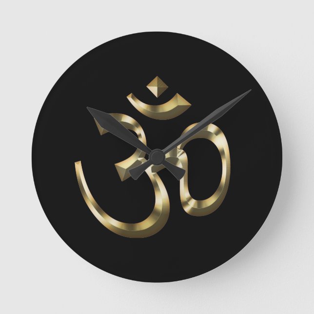 Yoga, Om Aum-ikon, hinduistisk symbol, guld black  Rund Klocka (Framsida)