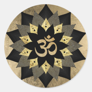 Yoga Om Symbol Black & Guld Lotus Flower Runt Klistermärke