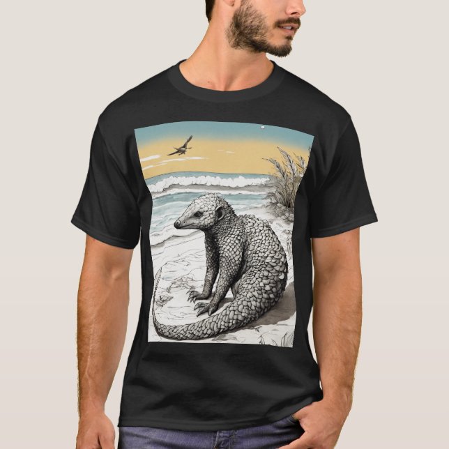 Yoga Pangolin vid stranden: Intricate Bläck Illust T Shirt (Framsida)