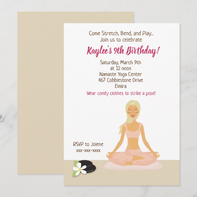 Yoga Party Girl Girl's Birthday bjudande Inbjudningar (Fram/baksida)