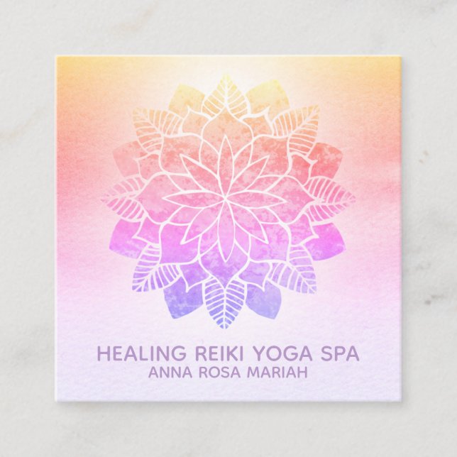 *~* Yoga Pastel Rainbow Andlig Reiki Mandala Fyrkantigt Visitkort (Framsida)