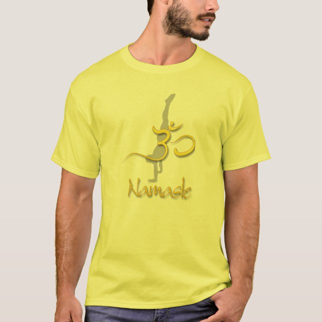Yoga Pose handstående, om namaste gula t-shirts (Framsida)