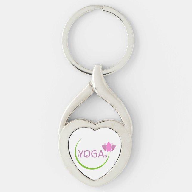 YOGA poserar med en rosa lotusblomma Twisted Heart Silverfärgad Nyckelring (Framsidan)