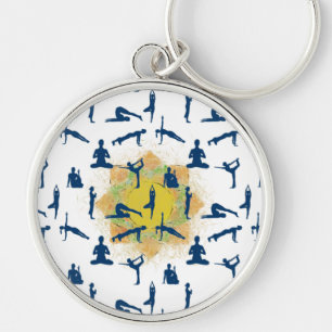 Yoga Poswith Lotus Flower Teckning Rund Silverfärgad Nyckelring