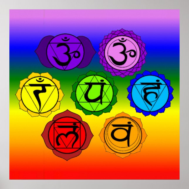 Yoga Reiki Seven Chakras Symbols Rainbow BG Poster (Framsidan)
