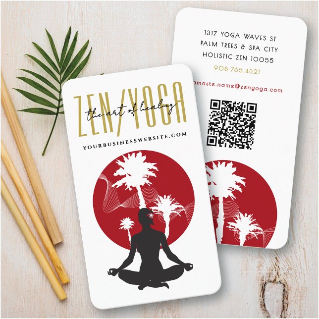 Yoga Siluett Tropiska Palmer & Zen Röd Sol Visitkort (Yoga Silhouette Tropical Palm Trees & Zen Red Sun Business Card @ fatfatin)