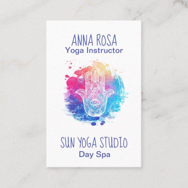 *~* Yoga Spa Watercolor Hamsa Hand Visitkort (Framsida)