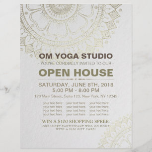 YOGA Studio Open House Gold Foil Mandala Flowers Reklamblad
