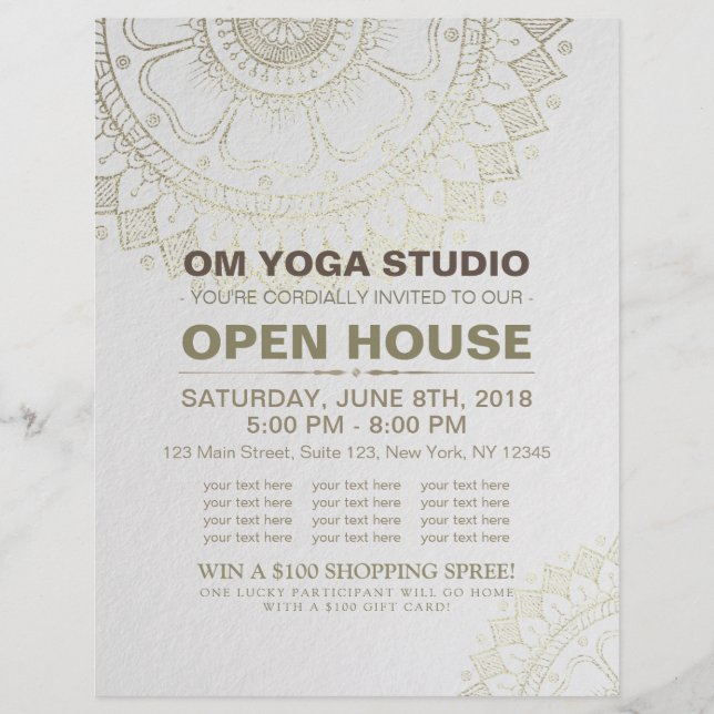 YOGA Studio Open House Gold Foil Mandala Flowers Reklamblad (Framsidan)