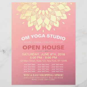 YOGA Studio Open House Gold Foil Mandala Flowers Reklamblad