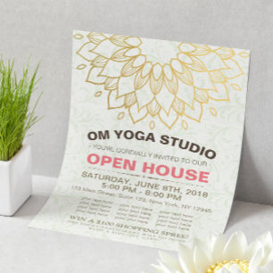 YOGA Studio Open House Gold Foil Mandala Flowers Reklamblad