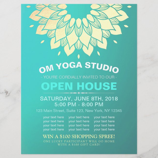 YOGA Studio Open House Gold Foil Mandala Flowers Reklamblad (Framsidan)