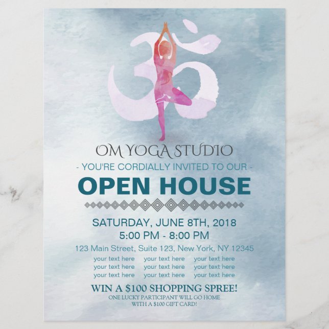 YOGA Studio Open House-meditation Pose & Om-symbol Reklamblad (Framsidan)