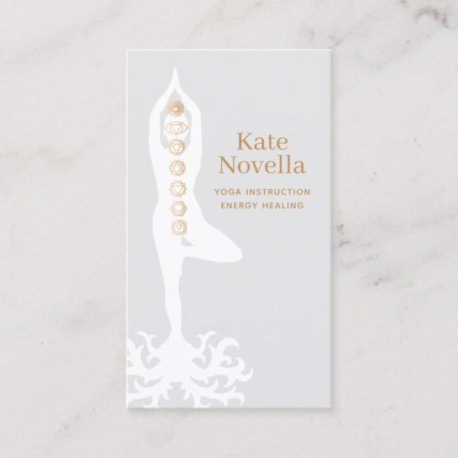 Yoga Teacher, Träd Pose med rötter och Chakras Visitkort (Framsida)