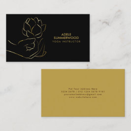 Yoga Theme | Guld Line Hand & Lotus Flower Black Visitkort