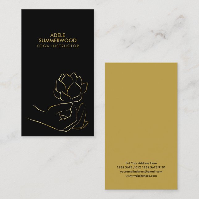 Yoga Theme | Guld Line Hand & Lotus Flower Black Visitkort (Fram/baksida)