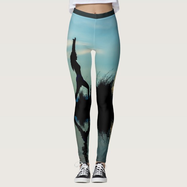 Yoga Theme Woman Silhouette med Vatten-reflektion Leggings (Framsida)
