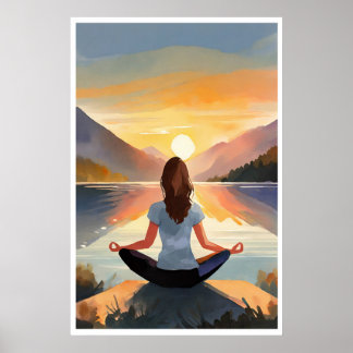 Yoga vid sjö vid solnedgången poster