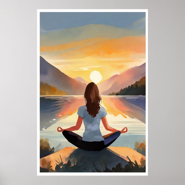 Yoga vid sjö vid solnedgången poster (Framsidan)