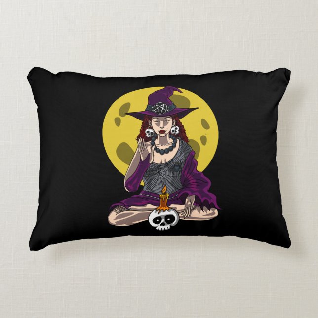 Yoga Witch Zen Meditation Namaste Halloween Prydnadskudde (Framsidan)
