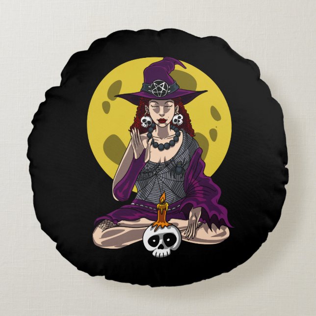 Yoga Witch Zen Meditation Namaste Halloween Rund Kudde (Framsidan)