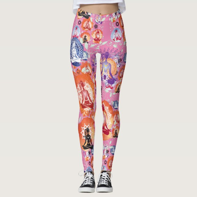 Yoga Woman i Meditation Pose Karma Rosa Leggings (Framsida)