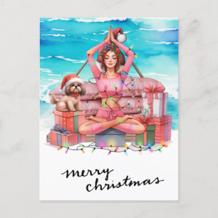 Yoga Woman med Gift vid Beach-jultemat Helg Vykort