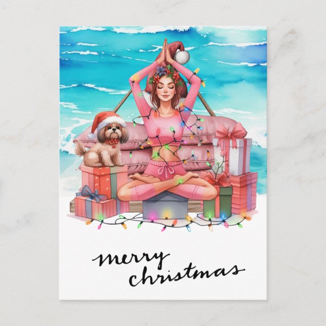 Yoga Woman med Gift vid Beach-jultemat Helg Vykort (Framsida)